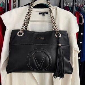 Valentino Black Leather Shoulder Bag with Chain Straps